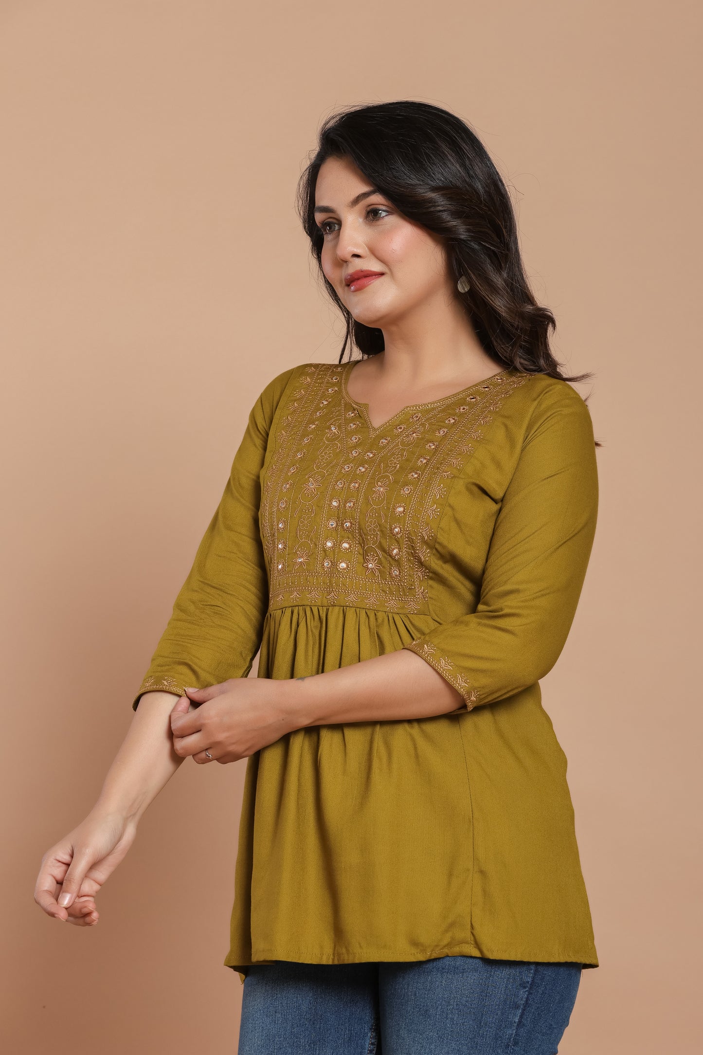 Olive Green Cotton Kurti with Mirror Embroidery