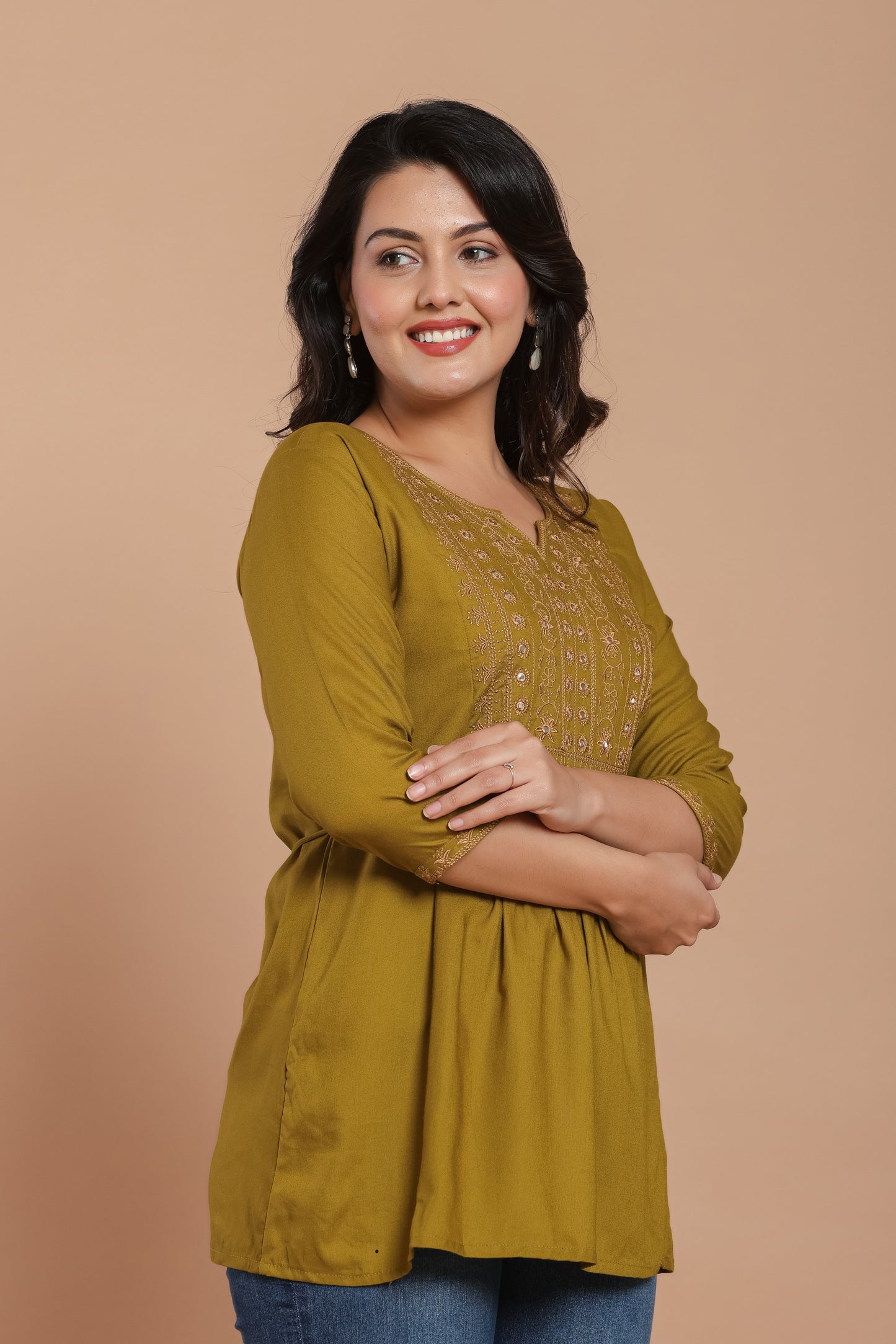 Olive Green Cotton Kurti with Mirror Embroidery