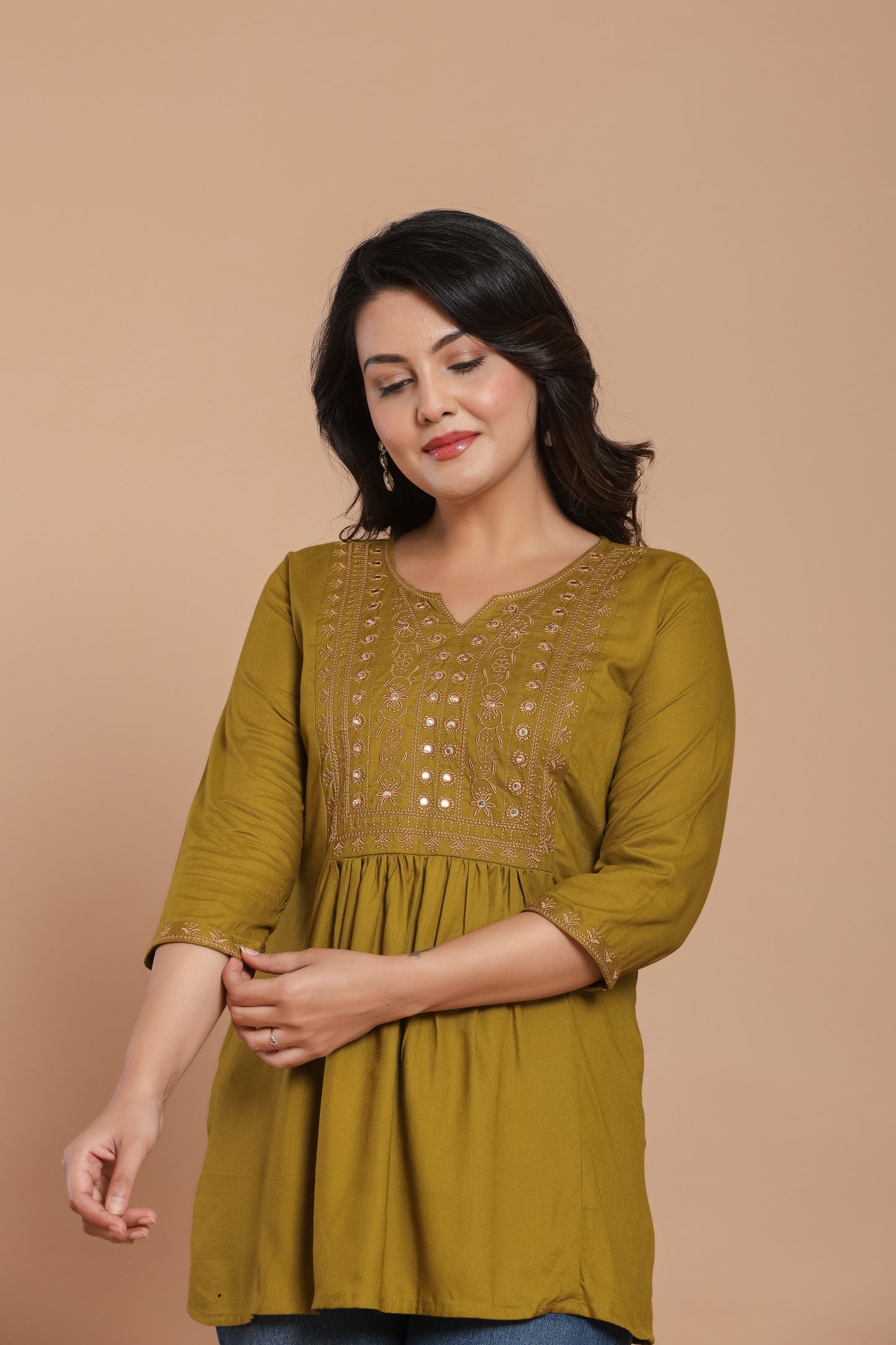 Olive Green Cotton Kurti with Mirror Embroidery