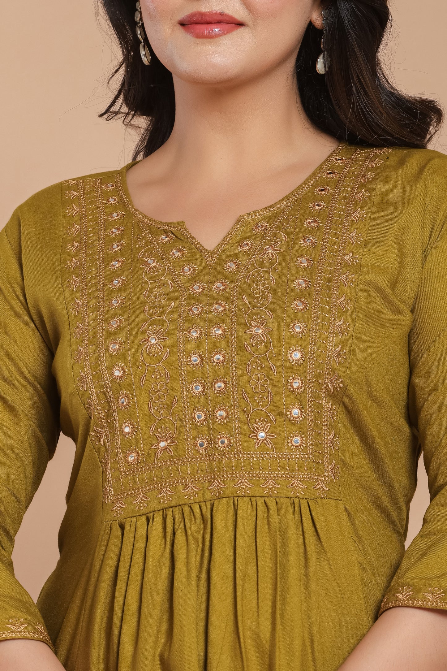 Olive Green Cotton Kurti with Mirror Embroidery