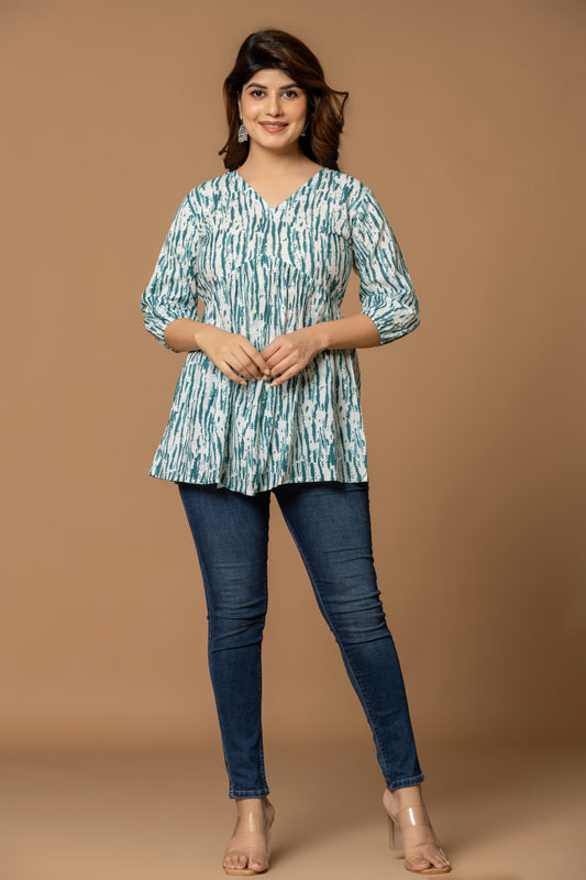 Teal Abstract Print Cotton Kurti – Light & Breezy