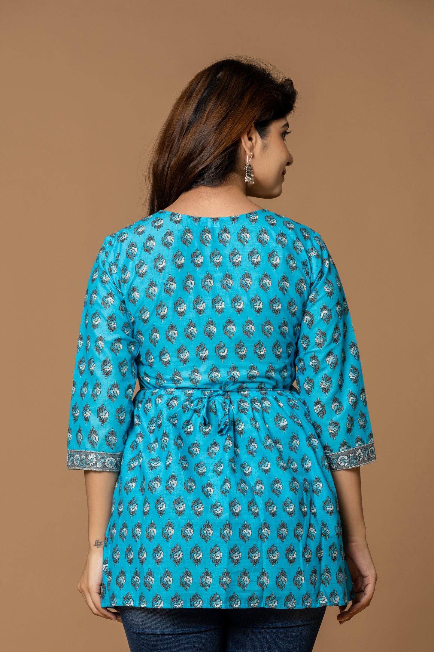 Sky Blue Printed Cotton Kurti with Lace-Up Neck