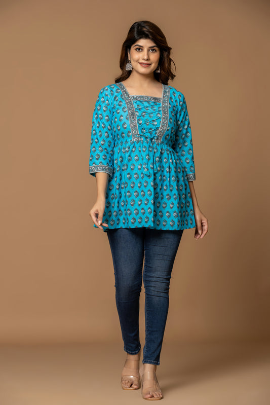 Sky Blue Printed Cotton Kurti with Lace-Up Neck