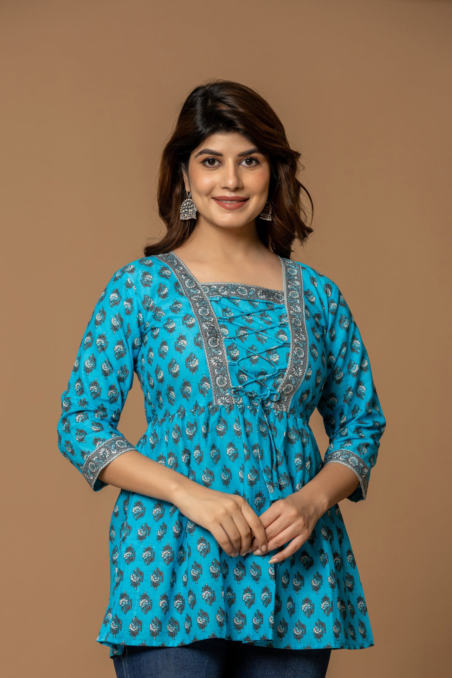 Sky Blue Printed Cotton Kurti with Lace-Up Neck