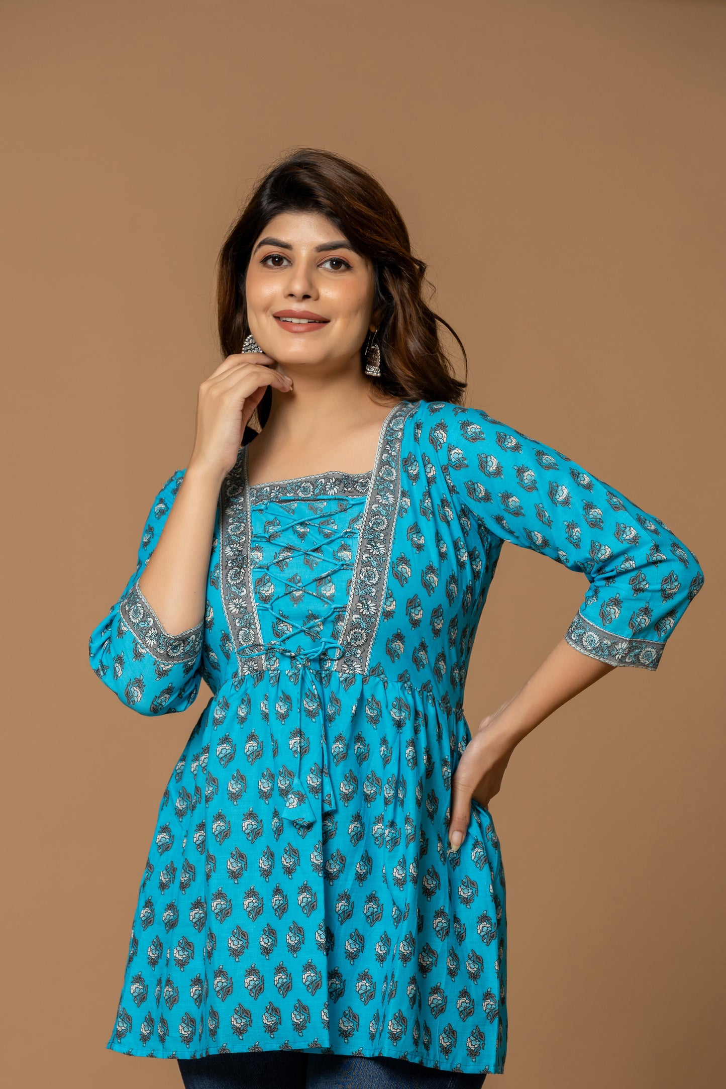 Sky Blue Printed Cotton Kurti with Lace-Up Neck
