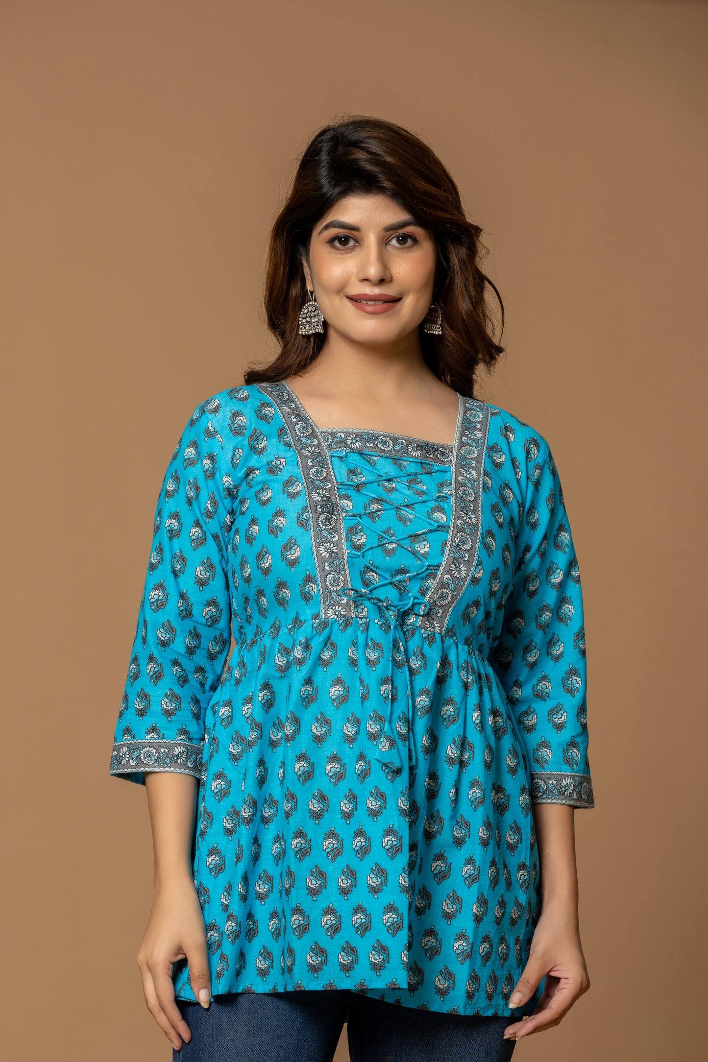 Sky Blue Printed Cotton Kurti with Lace-Up Neck