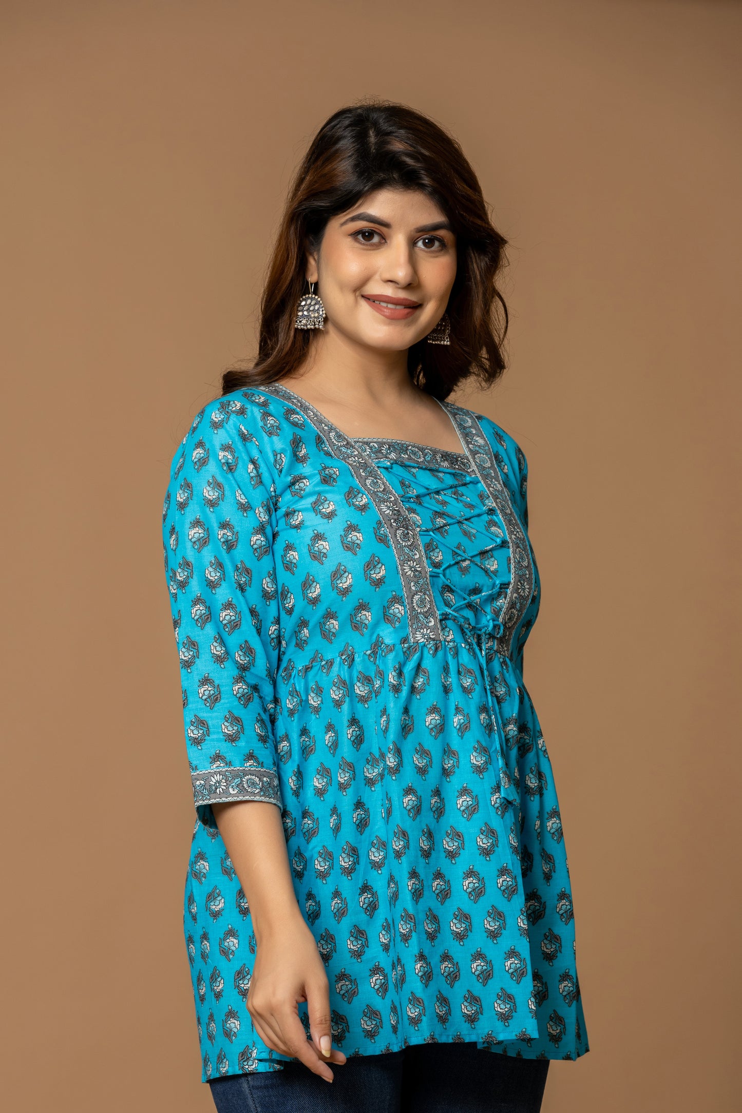 Sky Blue Printed Cotton Kurti with Lace-Up Neck