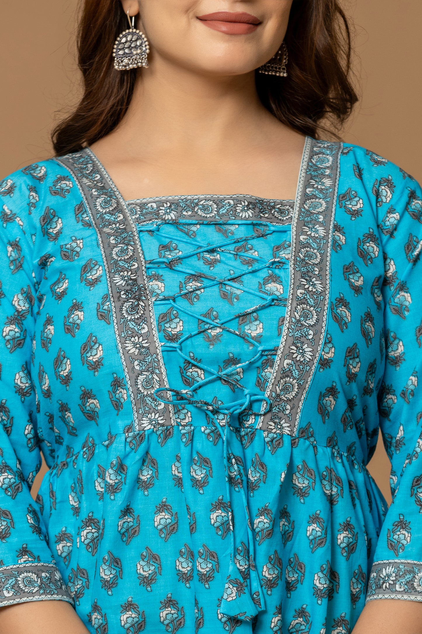 Sky Blue Printed Cotton Kurti with Lace-Up Neck