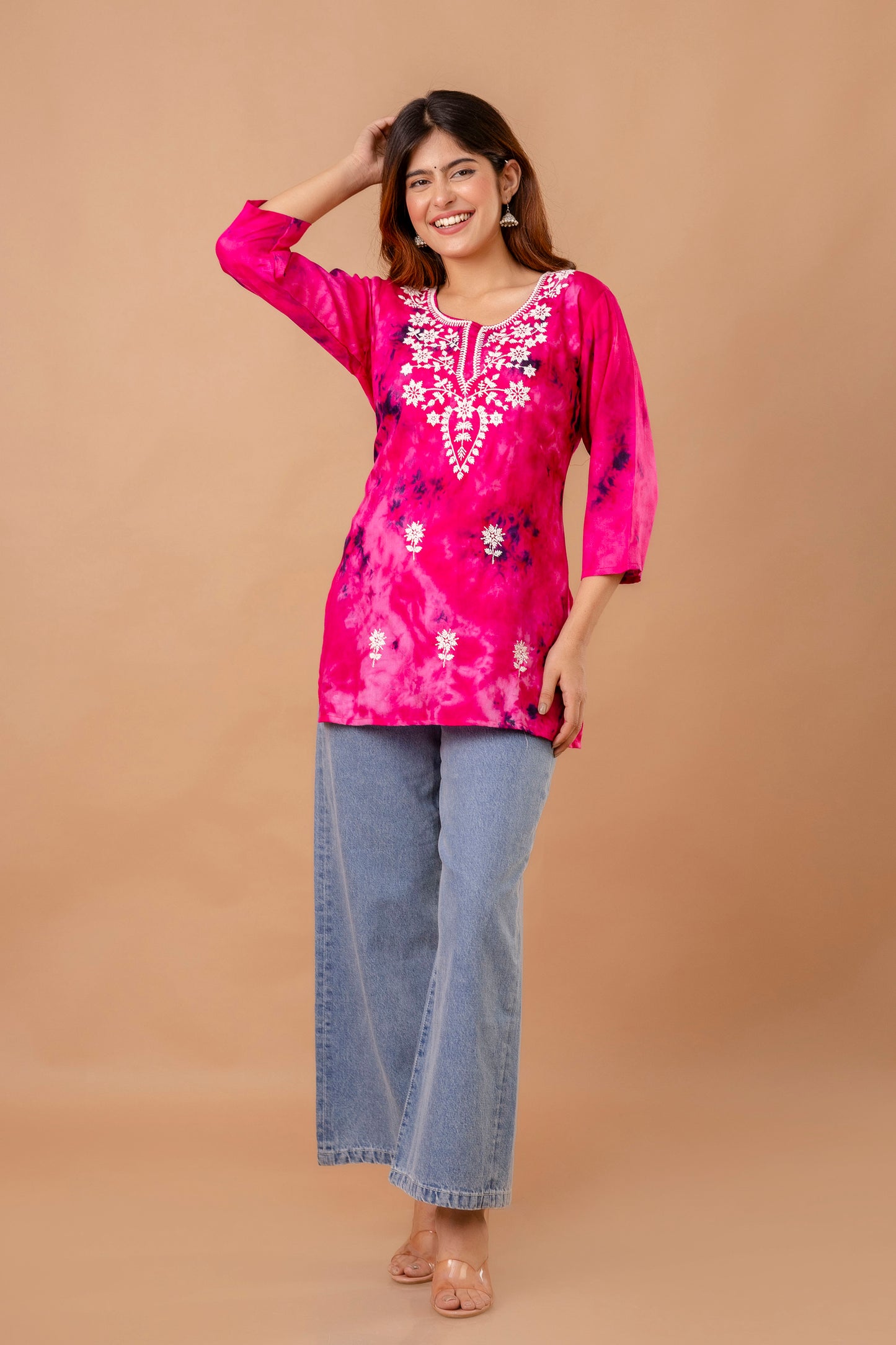 Rani Pink Tie-Dye Cotton Kurti with White Embroidery