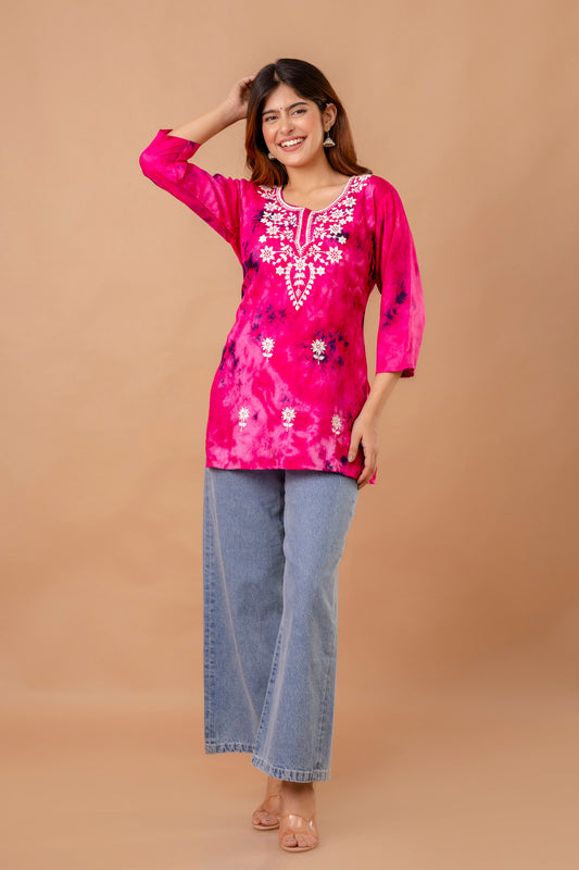 Rani Pink Tie-Dye Cotton Kurti with White Embroidery