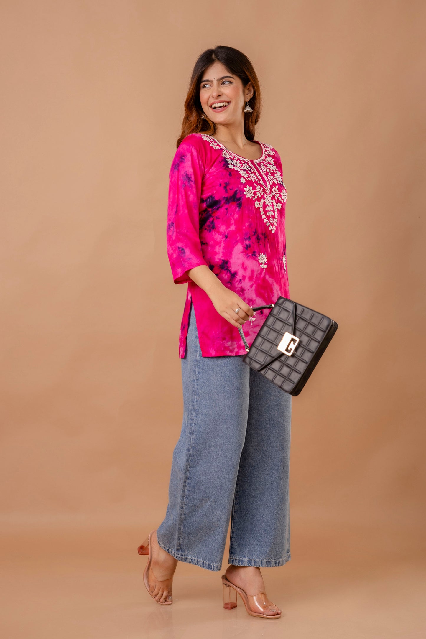 Rani Pink Tie-Dye Cotton Kurti with White Embroidery