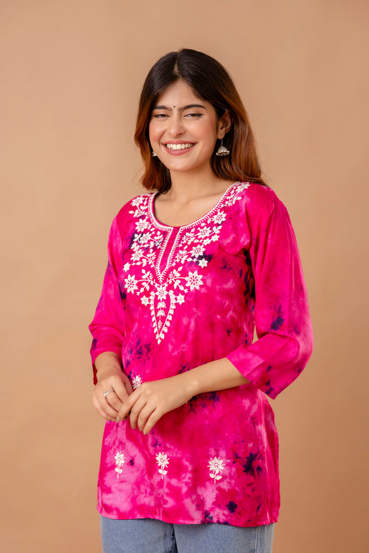Rani Pink Tie-Dye Cotton Kurti with White Embroidery