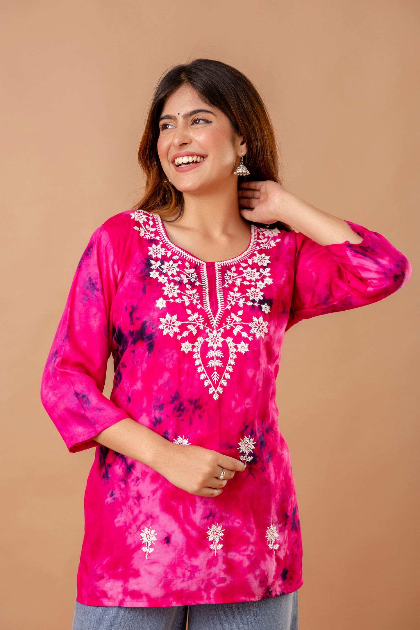 Rani Pink Tie-Dye Cotton Kurti with White Embroidery