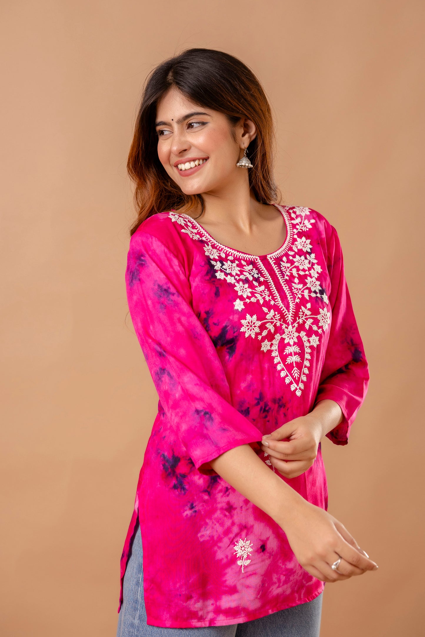 Rani Pink Tie-Dye Cotton Kurti with White Embroidery