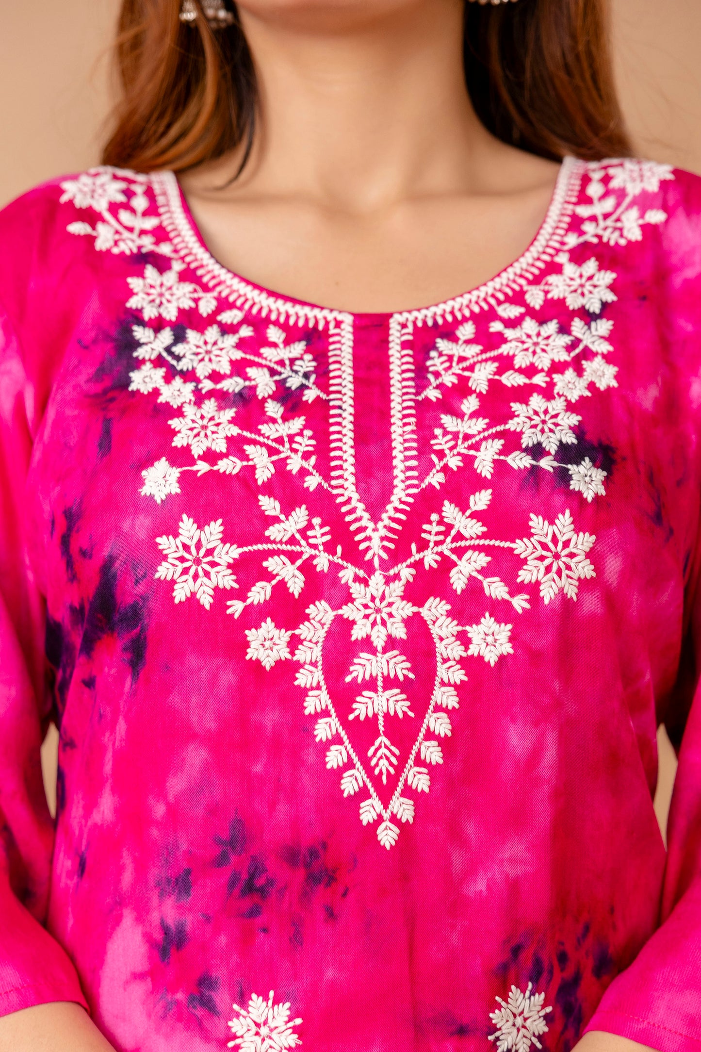 Rani Pink Tie-Dye Cotton Kurti with White Embroidery