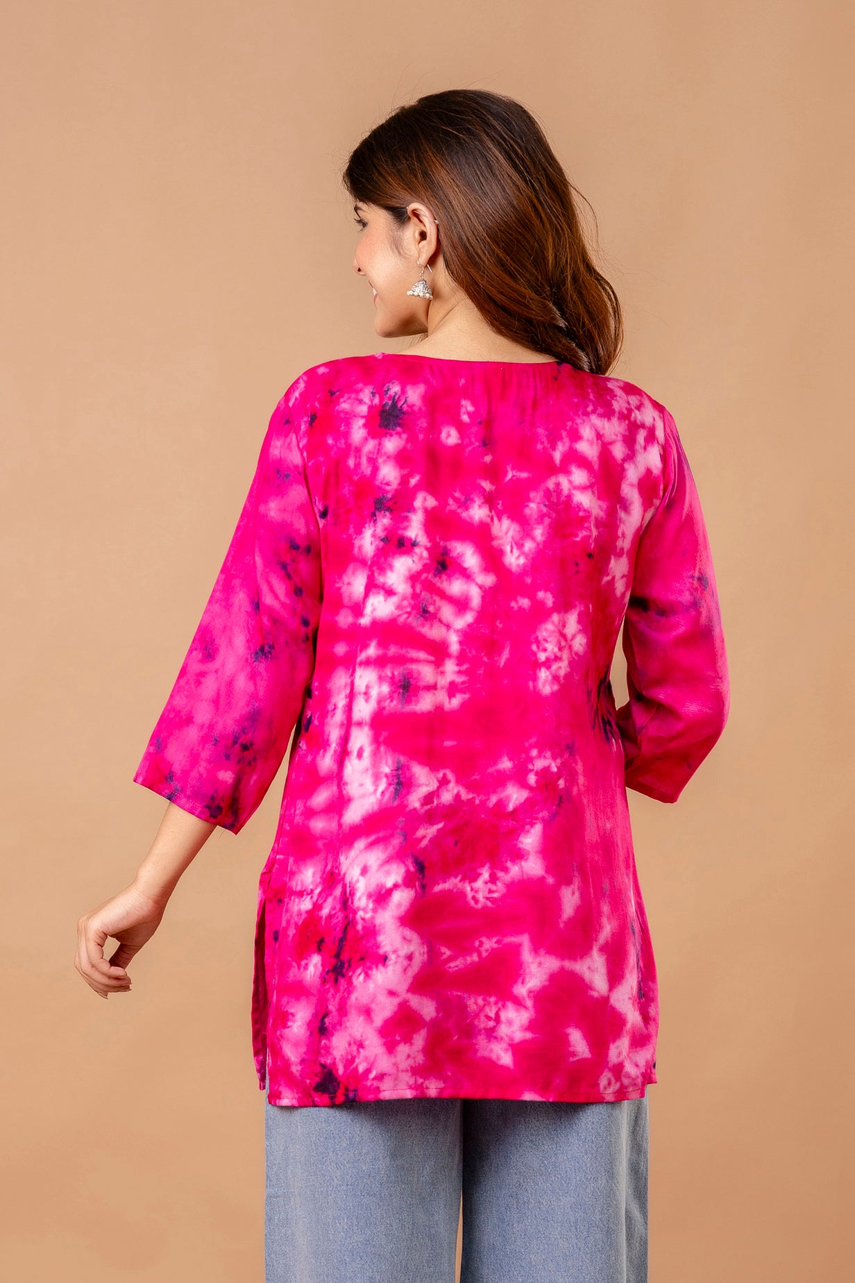 Rani Pink Tie-Dye Cotton Kurti with White Embroidery