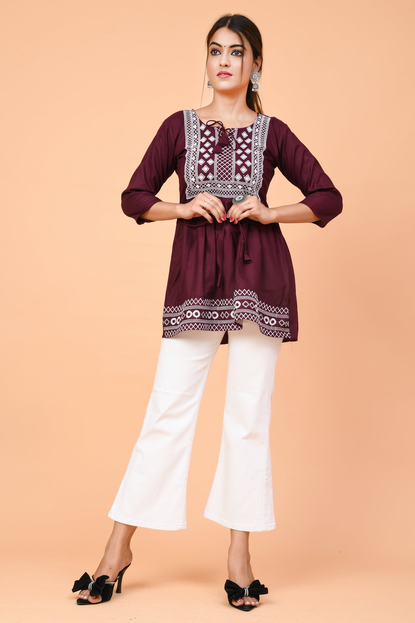 Maroon Cotton Embroidered Short Kurti – Lightweight & Breezy for Summer