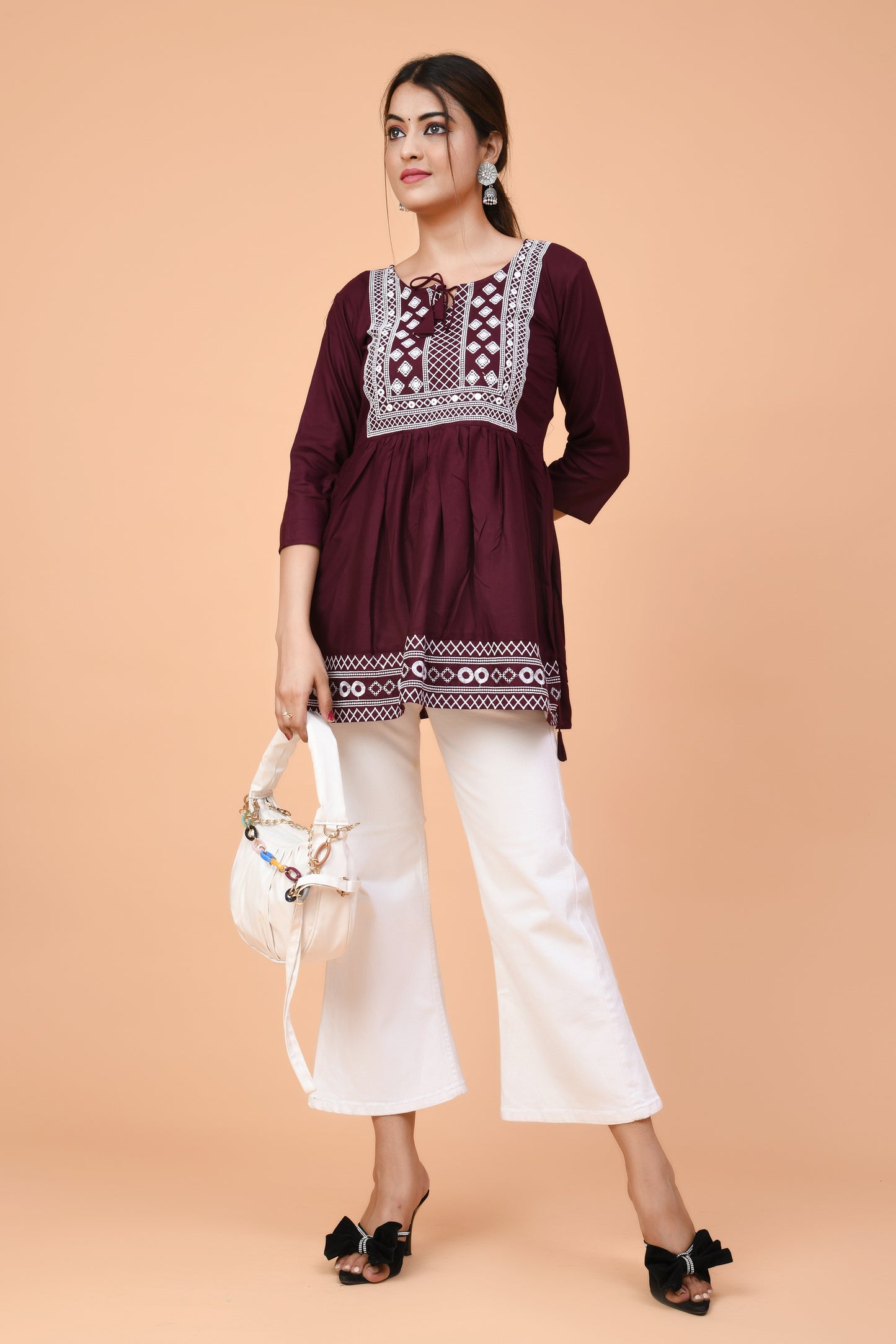 Maroon Cotton Embroidered Short Kurti – Lightweight & Breezy for Summer