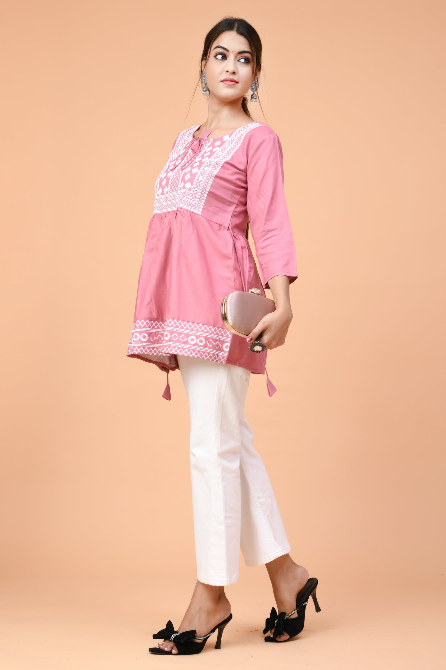 Rose Pink Embroidered Cotton Kurti – Light & Elegant for Summer