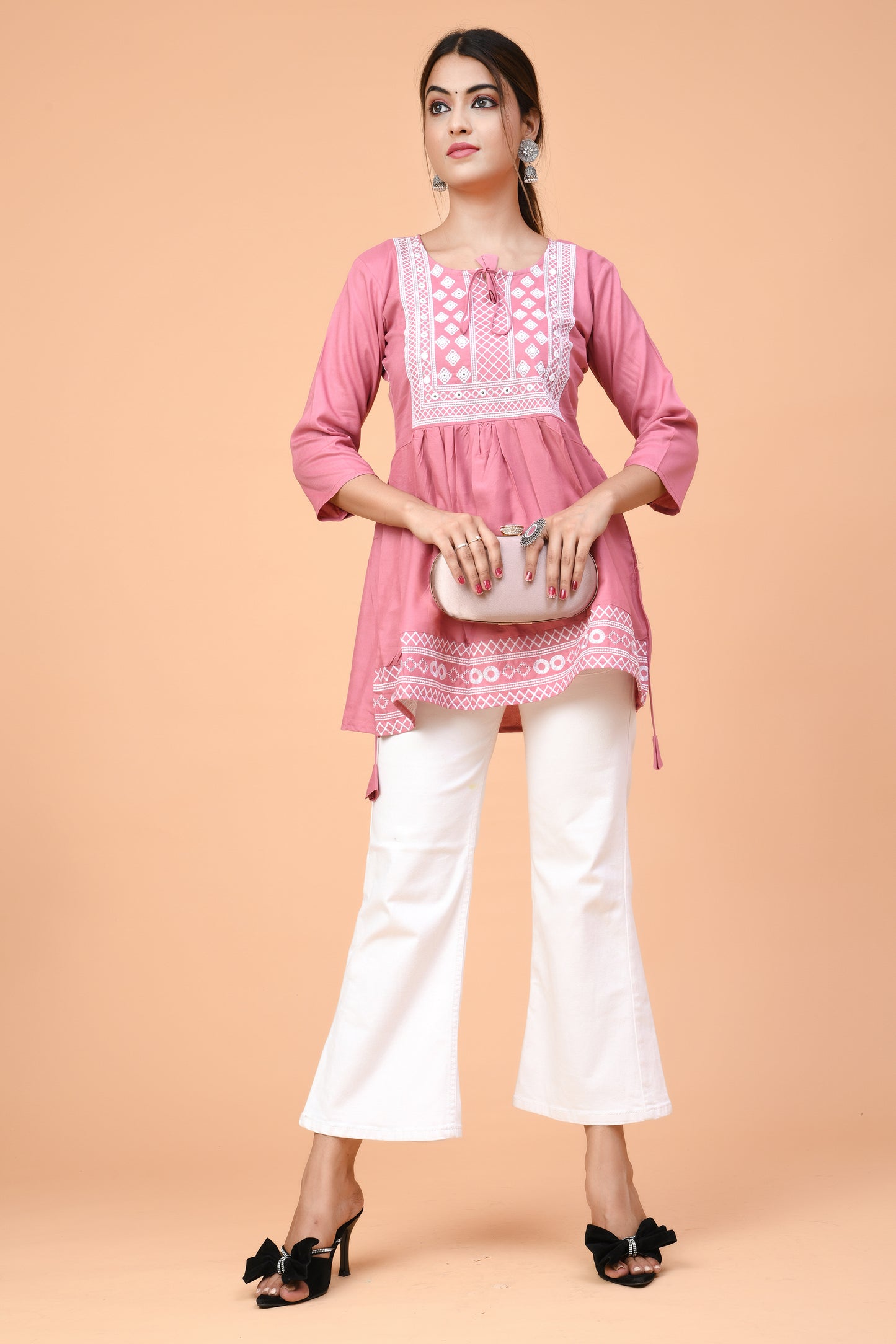 Rose Pink Embroidered Cotton Kurti – Light & Elegant for Summer