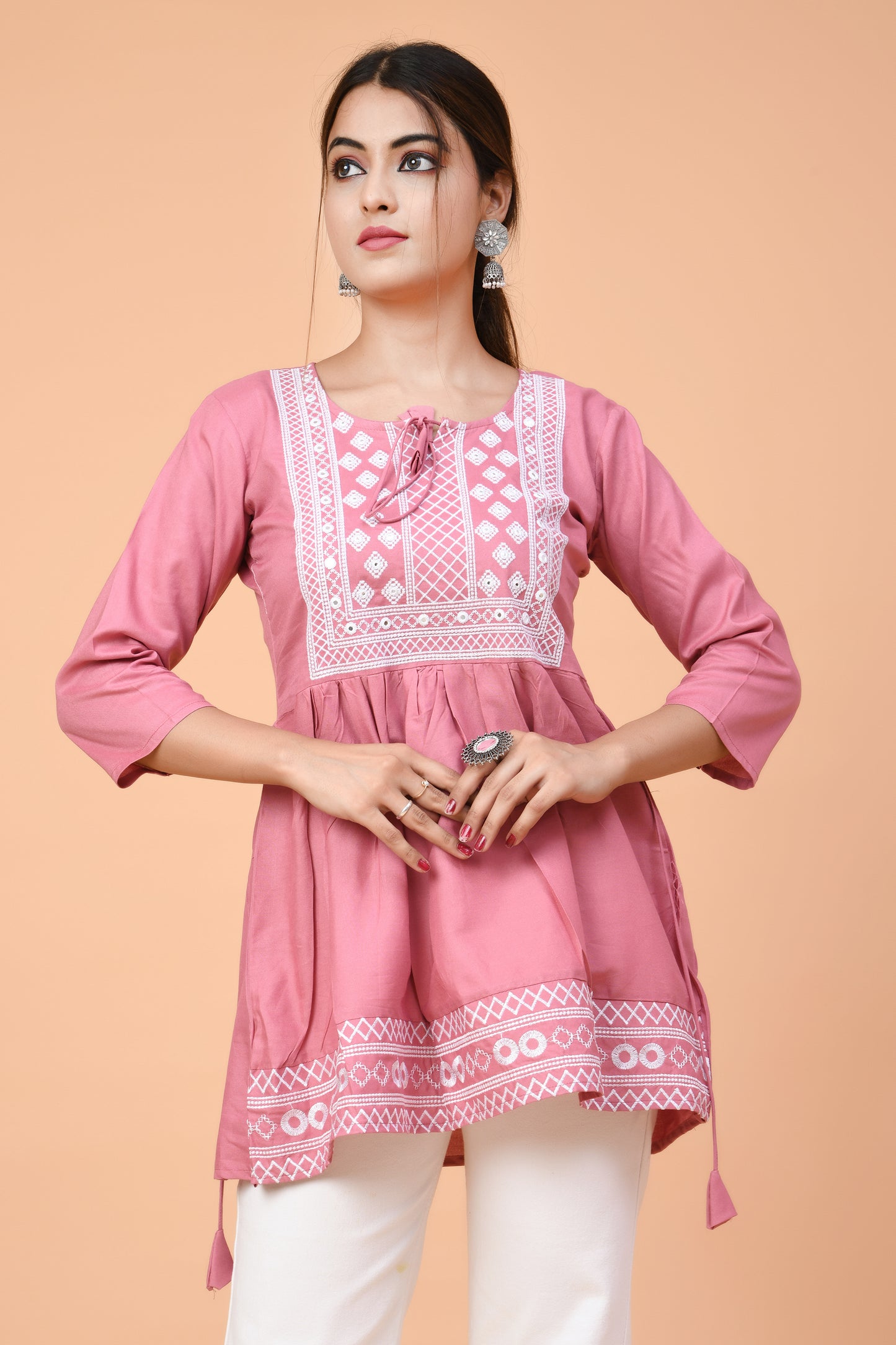 Rose Pink Embroidered Cotton Kurti – Light & Elegant for Summer