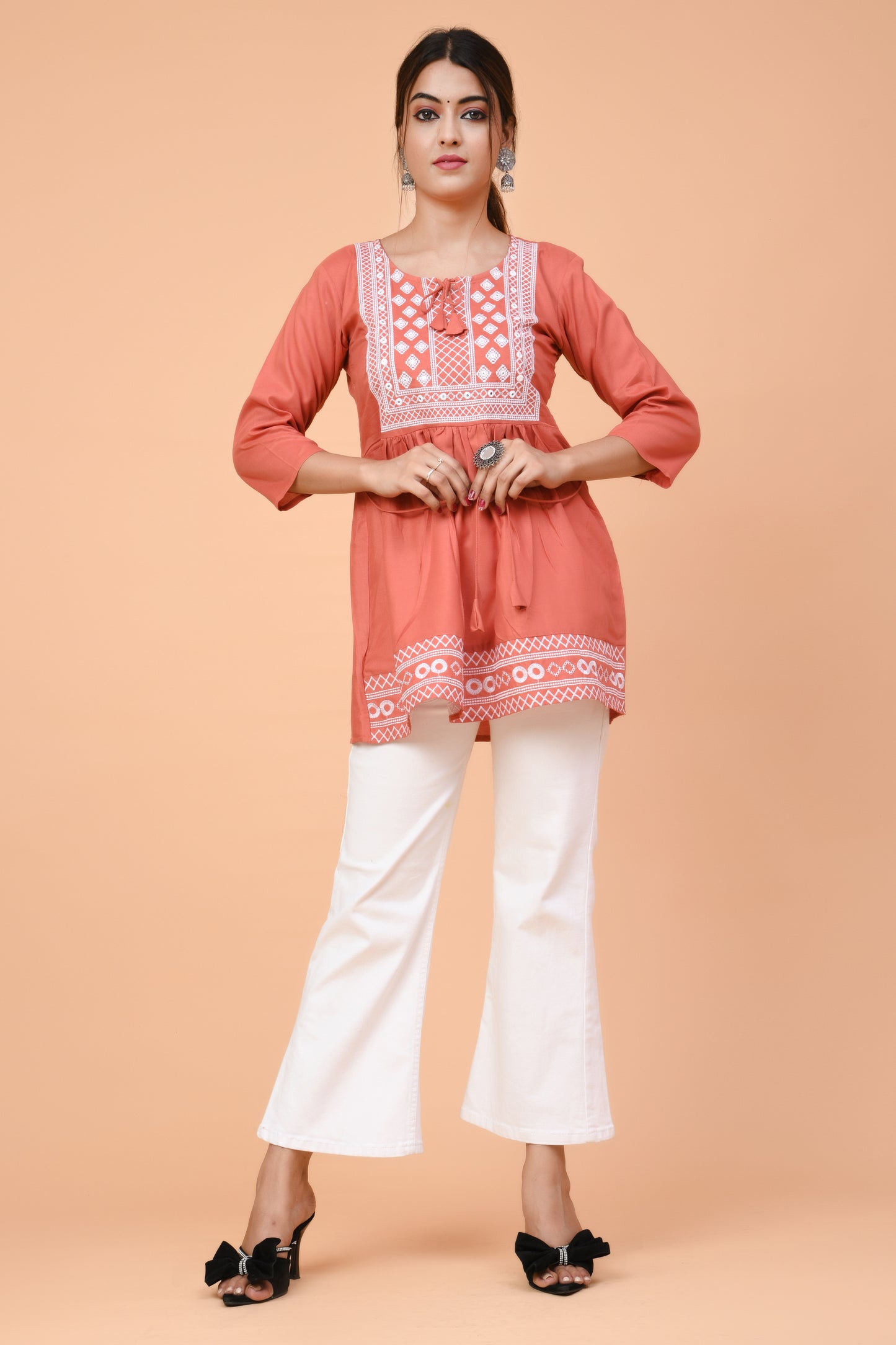 Rust Orange Cotton Kurti with White Thread Embroidery – Summer Chic Look