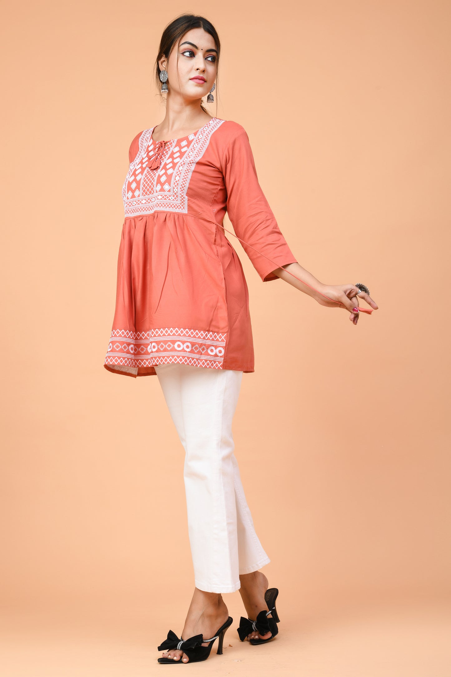 Rust Orange Cotton Kurti with White Thread Embroidery – Summer Chic Look