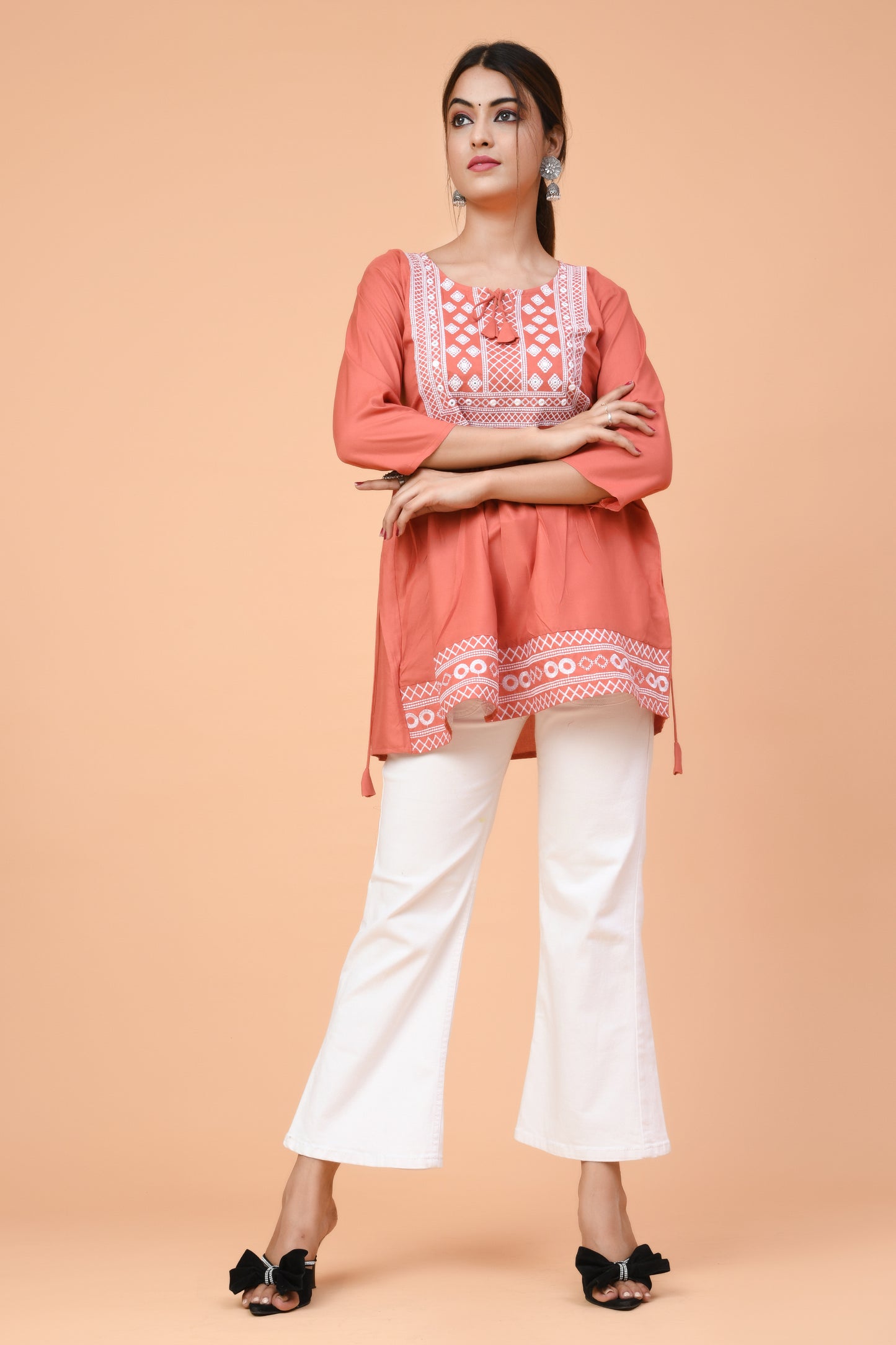 Rust Orange Cotton Kurti with White Thread Embroidery – Summer Chic Look