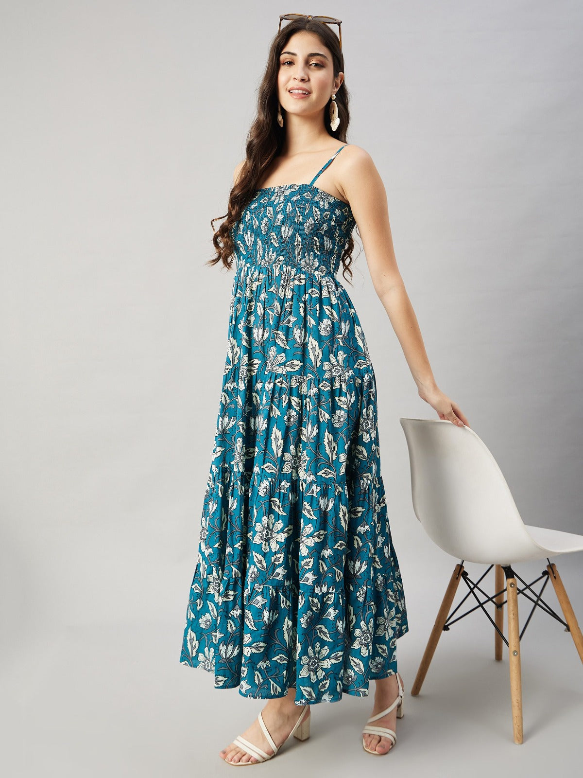 Teal Blue Blossom Pure Cotton Midi Dress
