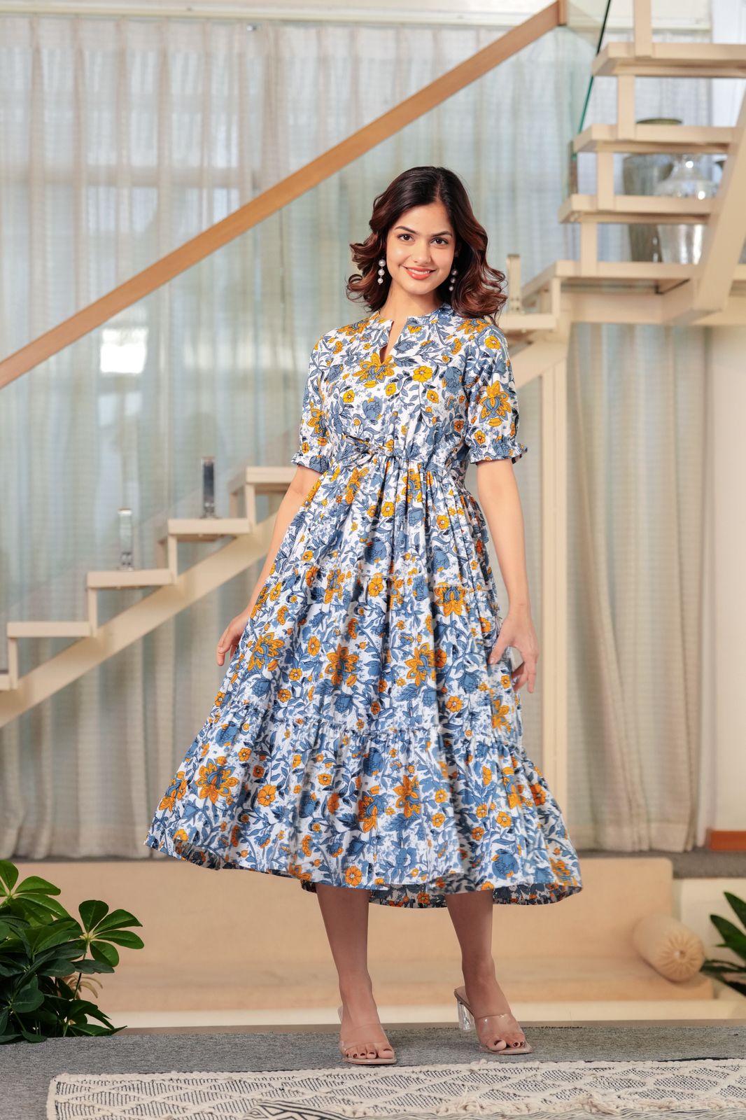 Blue & Mustard Bloom Cotton Midi Dress