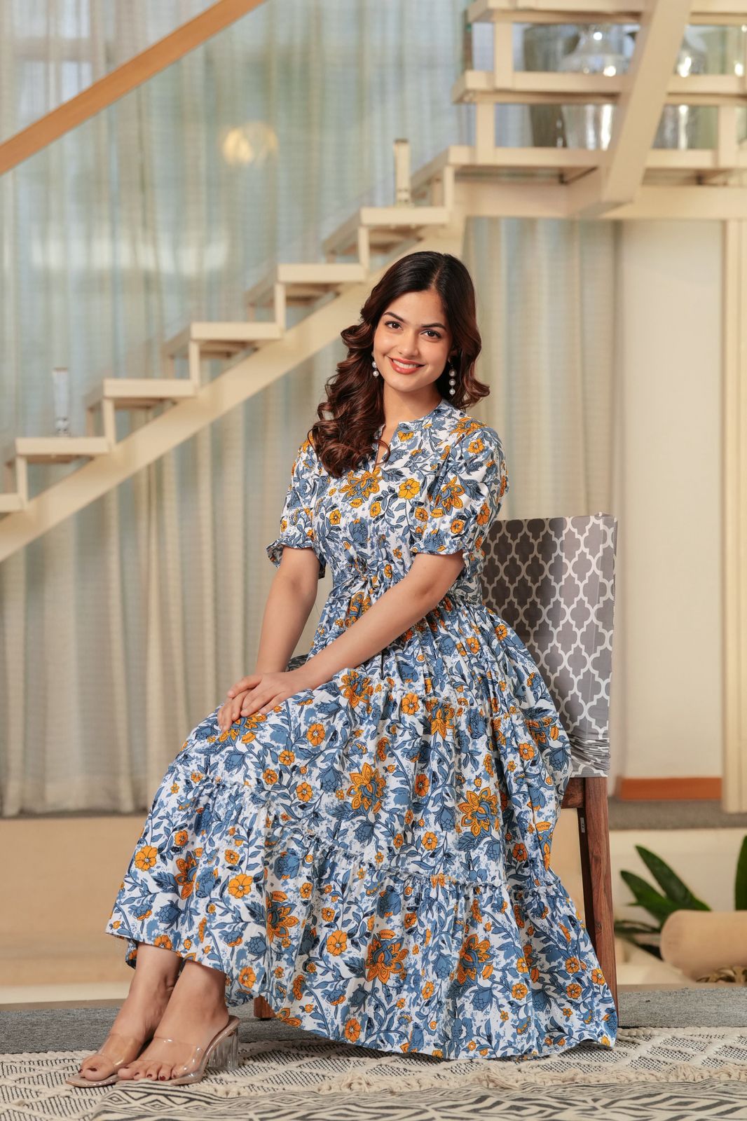 Blue & Mustard Bloom Cotton Midi Dress