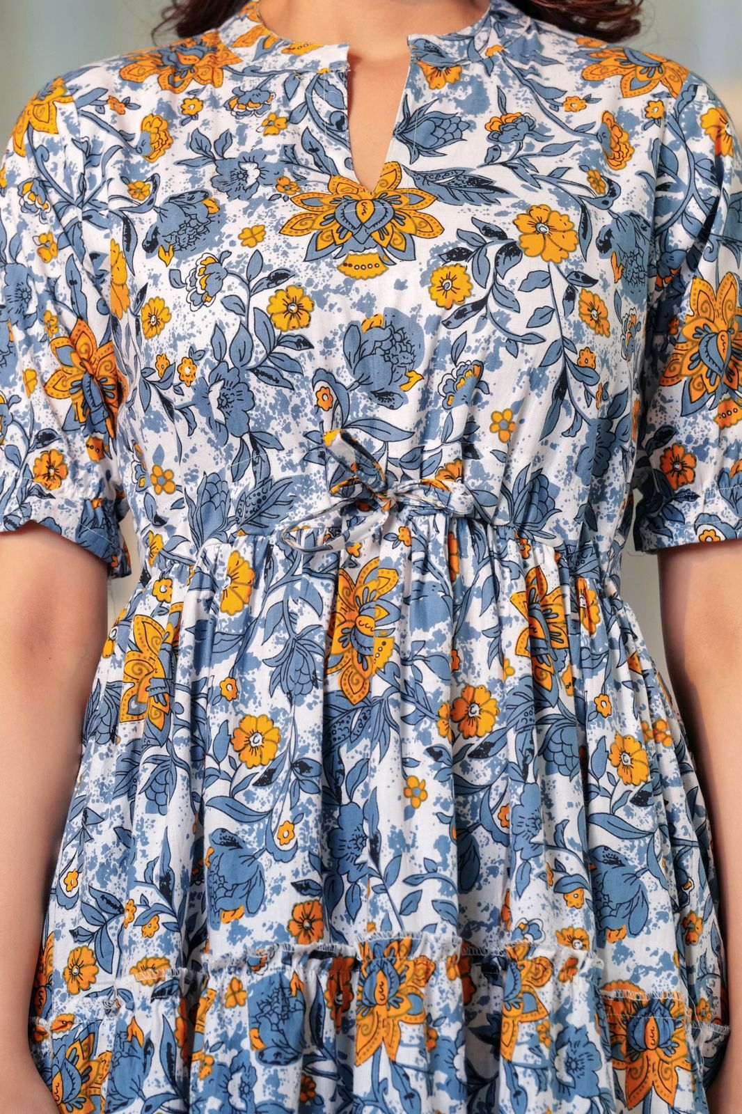 Blue & Mustard Bloom Cotton Midi Dress