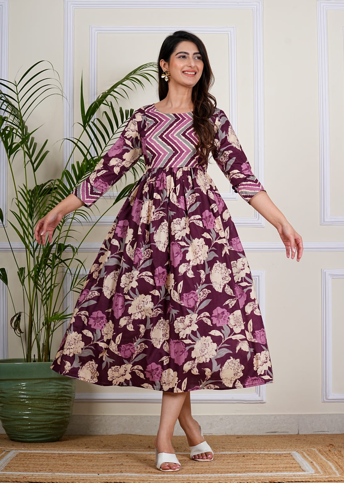 Blush Bloom Cotton Midi Dress – Wine & Ivory