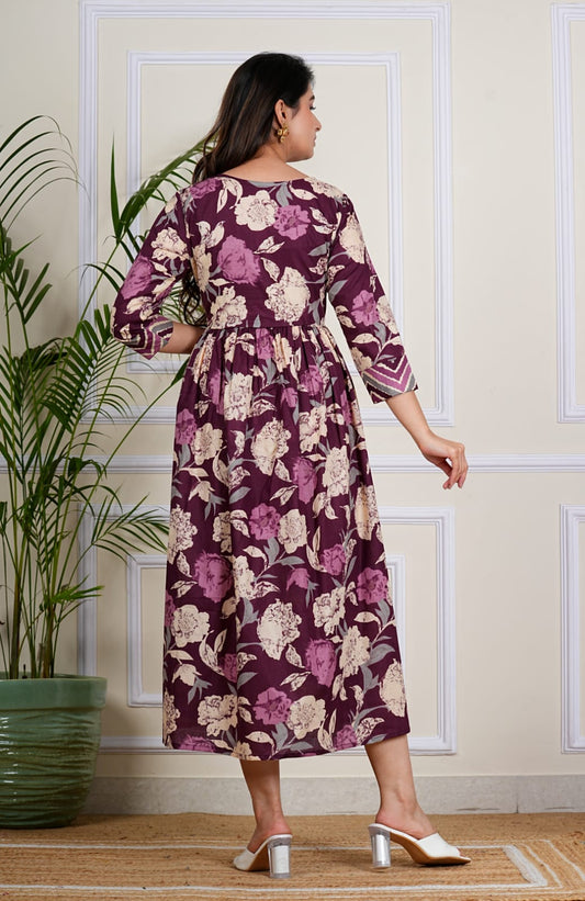 Blush Bloom Cotton Midi Dress – Wine & Ivory