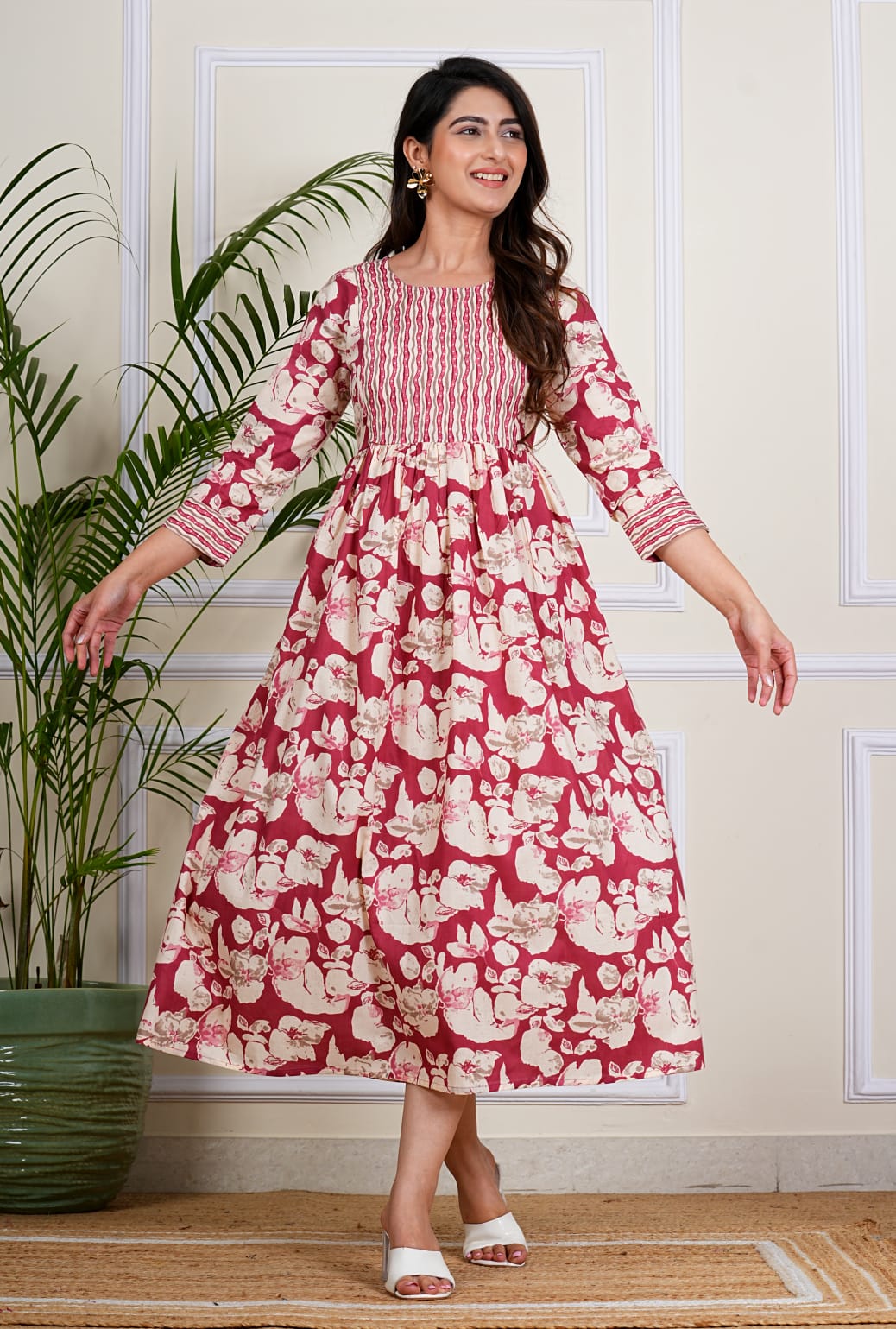 Plum Petal Cotton Midi Dress – Floral & Chevron Mix