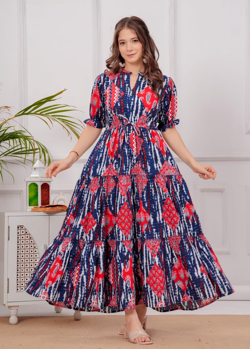 Indigo Fusion Cotton Maxi Dress – Red & Blue Tribal Print