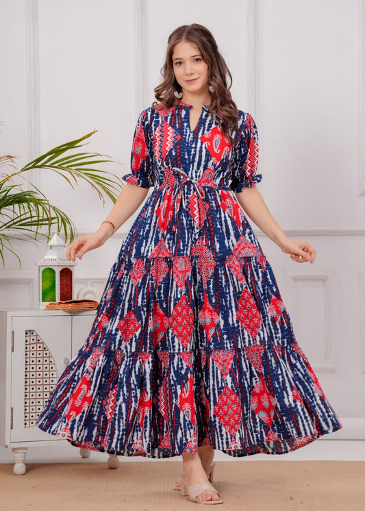 Indigo Fusion Cotton Maxi Dress – Red & Blue Tribal Print