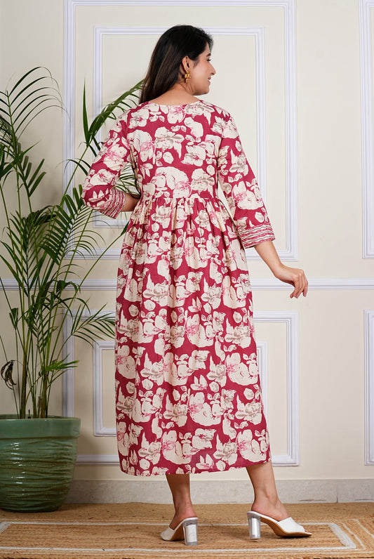 Plum Petal Cotton Midi Dress – Floral & Chevron Mix