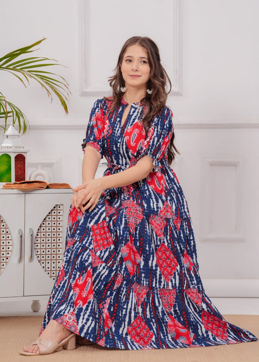 Indigo Fusion Cotton Maxi Dress – Red & Blue Tribal Print