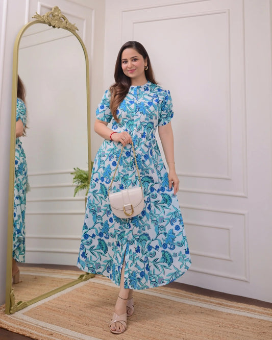Floral Whisper Midi Dress  – Pure Cotton Elegance
