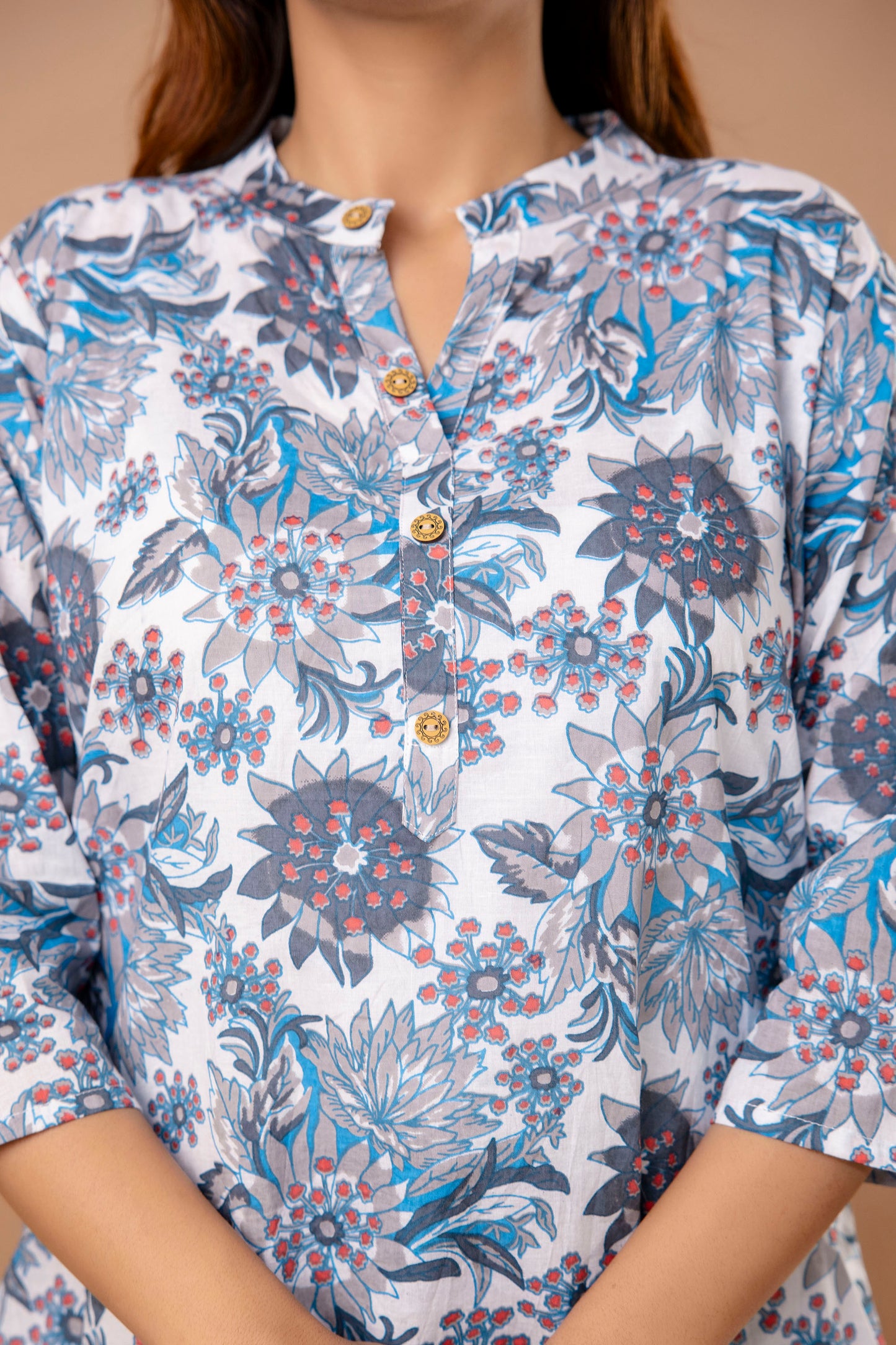 Elegant Grey Cotton Kurti with Blue Floral Print