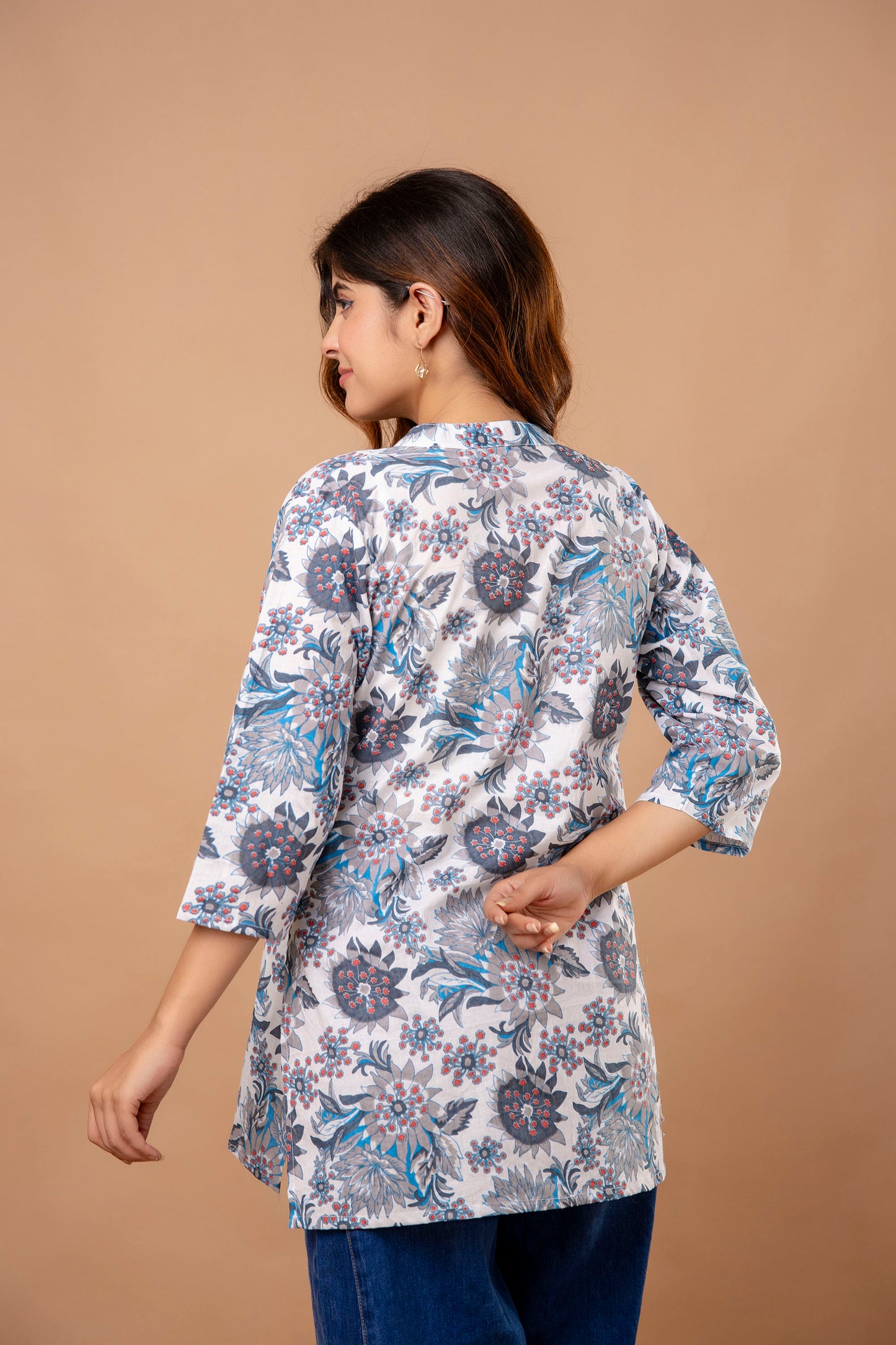 Elegant Grey Cotton Kurti with Blue Floral Print