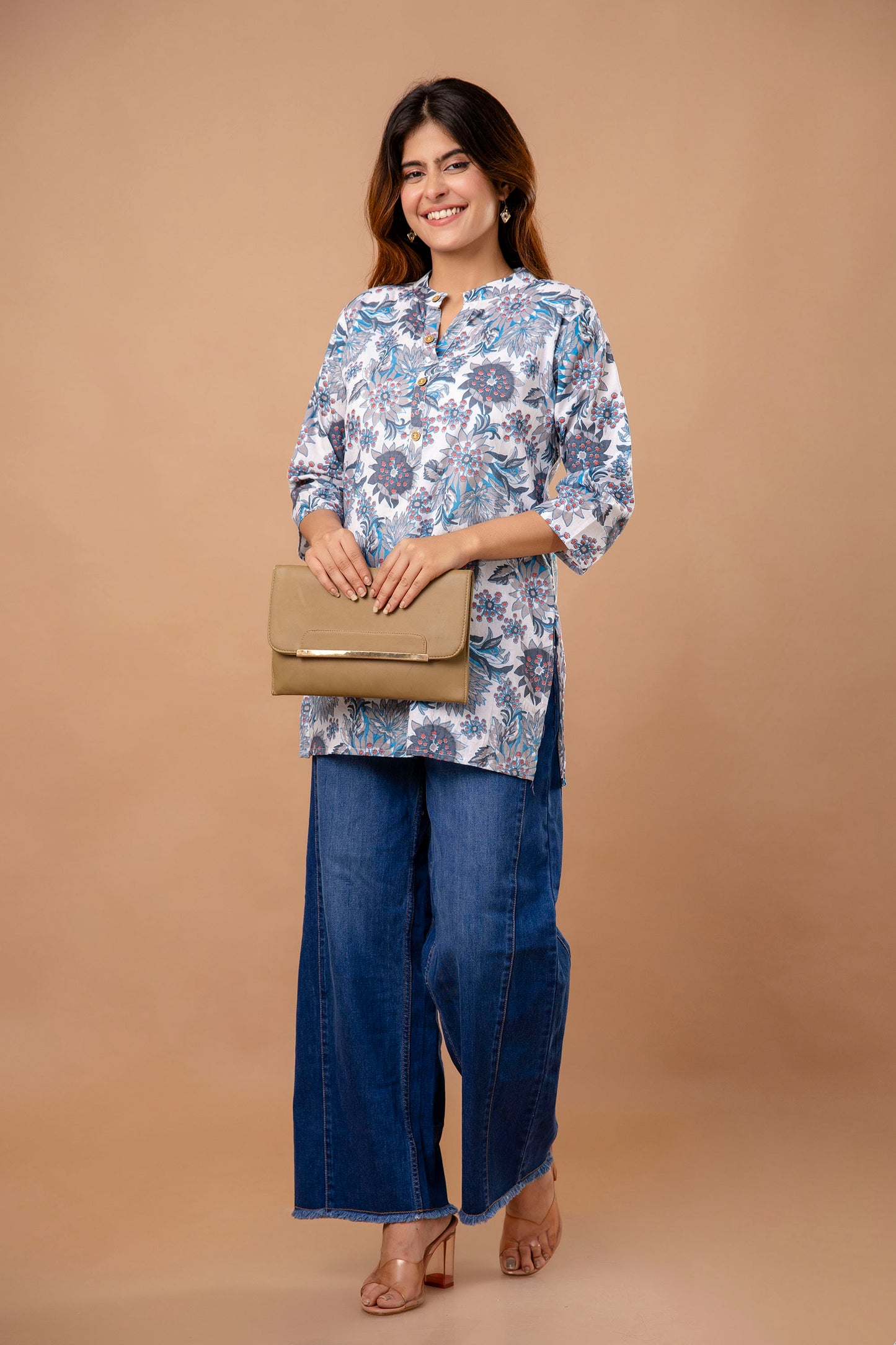 Elegant Grey Cotton Kurti with Blue Floral Print