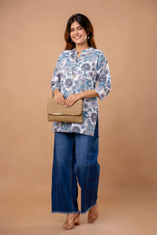 Elegant Grey Cotton Kurti with Blue Floral Print