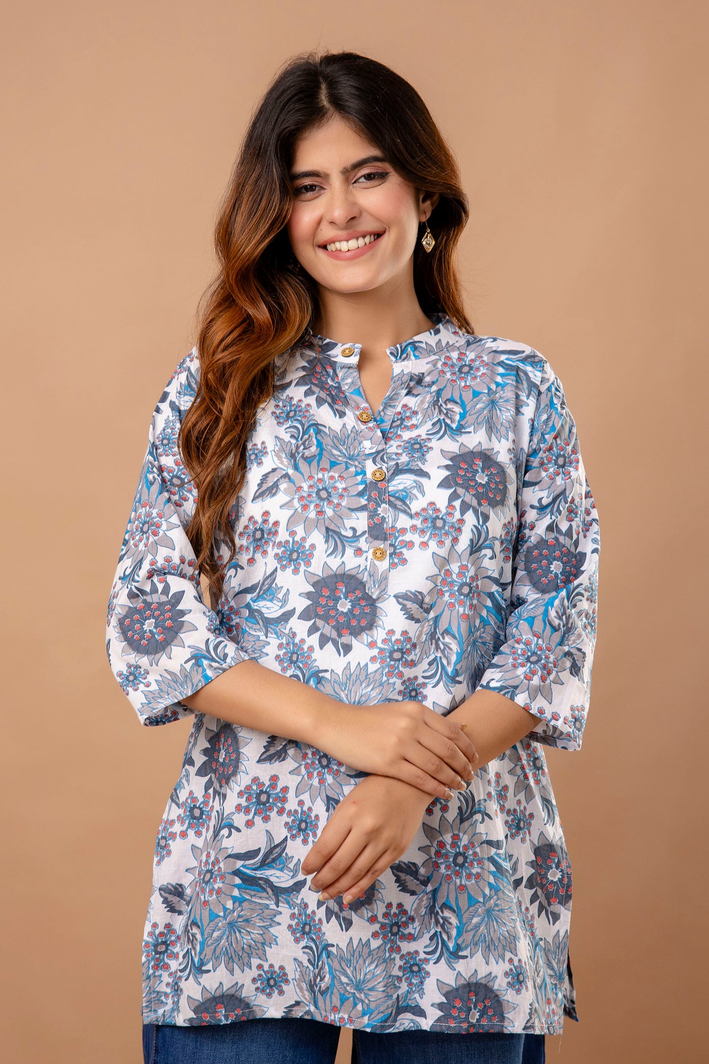 Elegant Grey Cotton Kurti with Blue Floral Print
