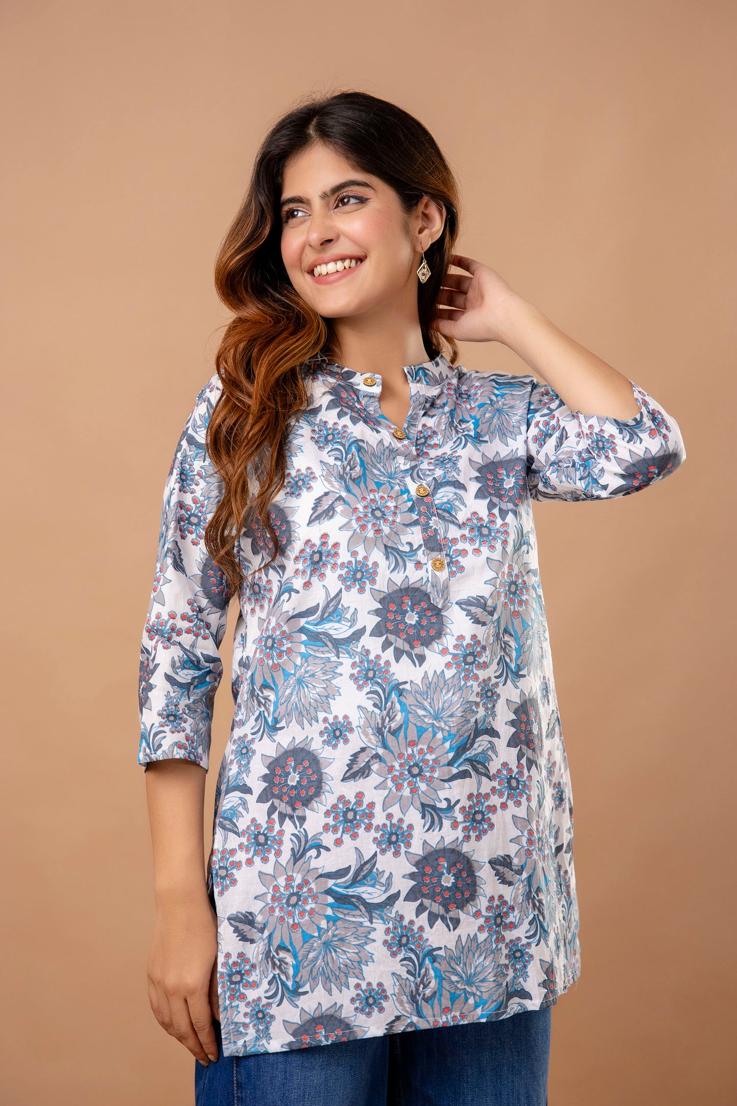 Elegant Grey Cotton Kurti with Blue Floral Print