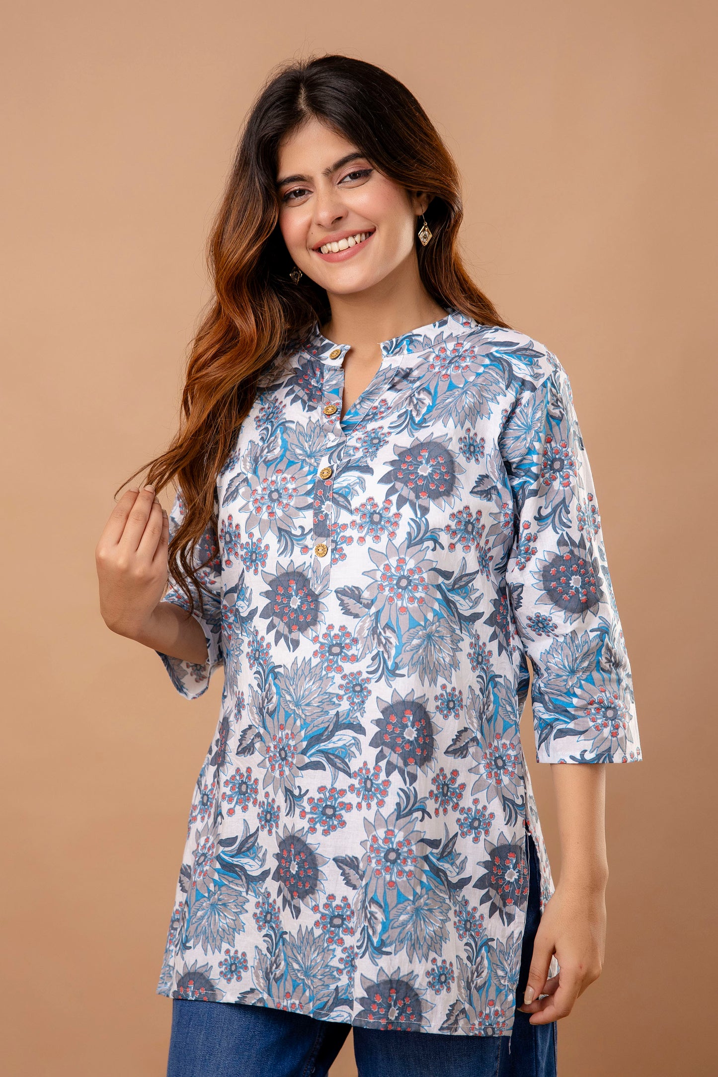 Elegant Grey Cotton Kurti with Blue Floral Print