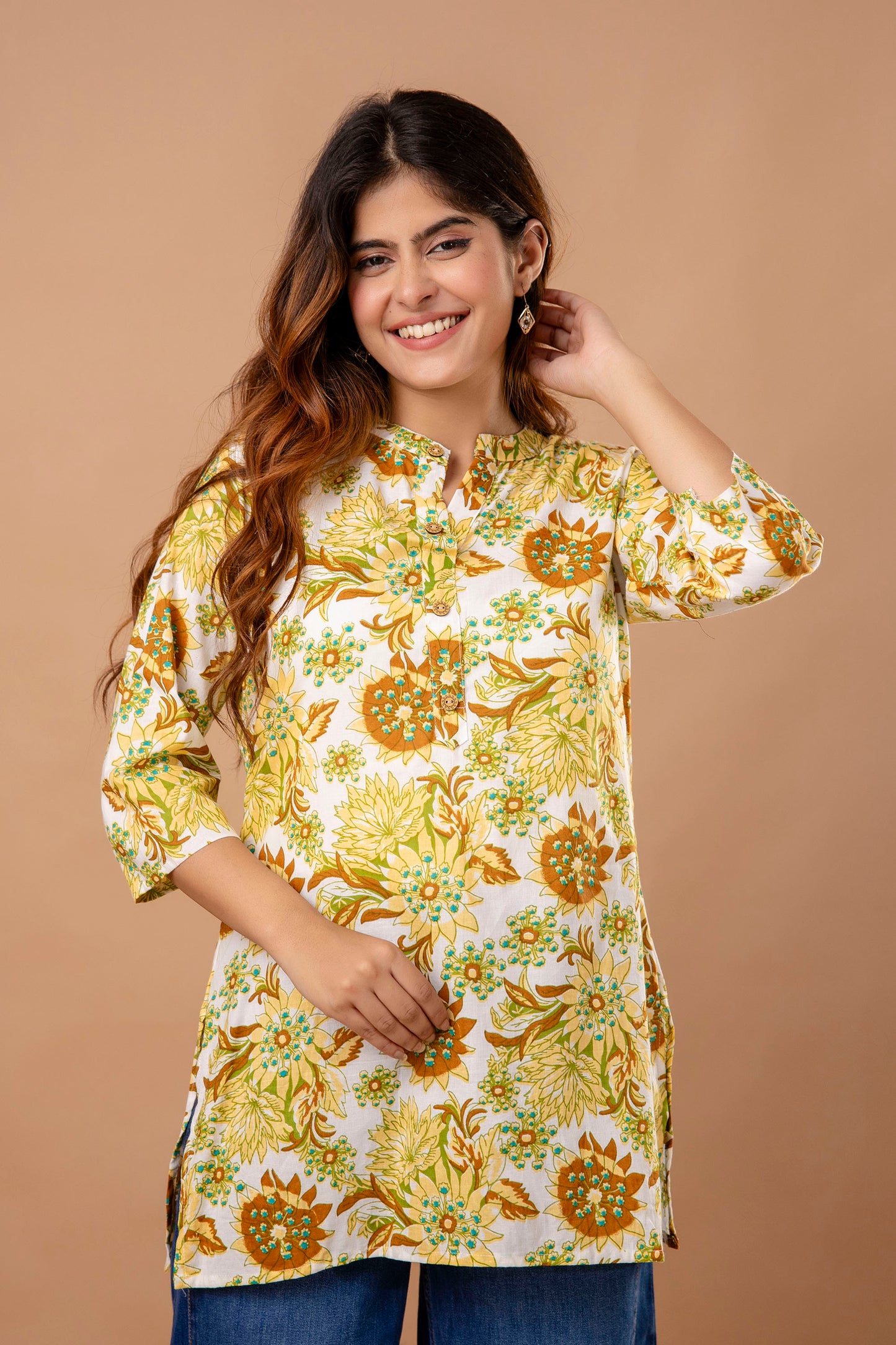 Mustard Yellow Floral Printed Cotton Kurti – Perfect for Summer