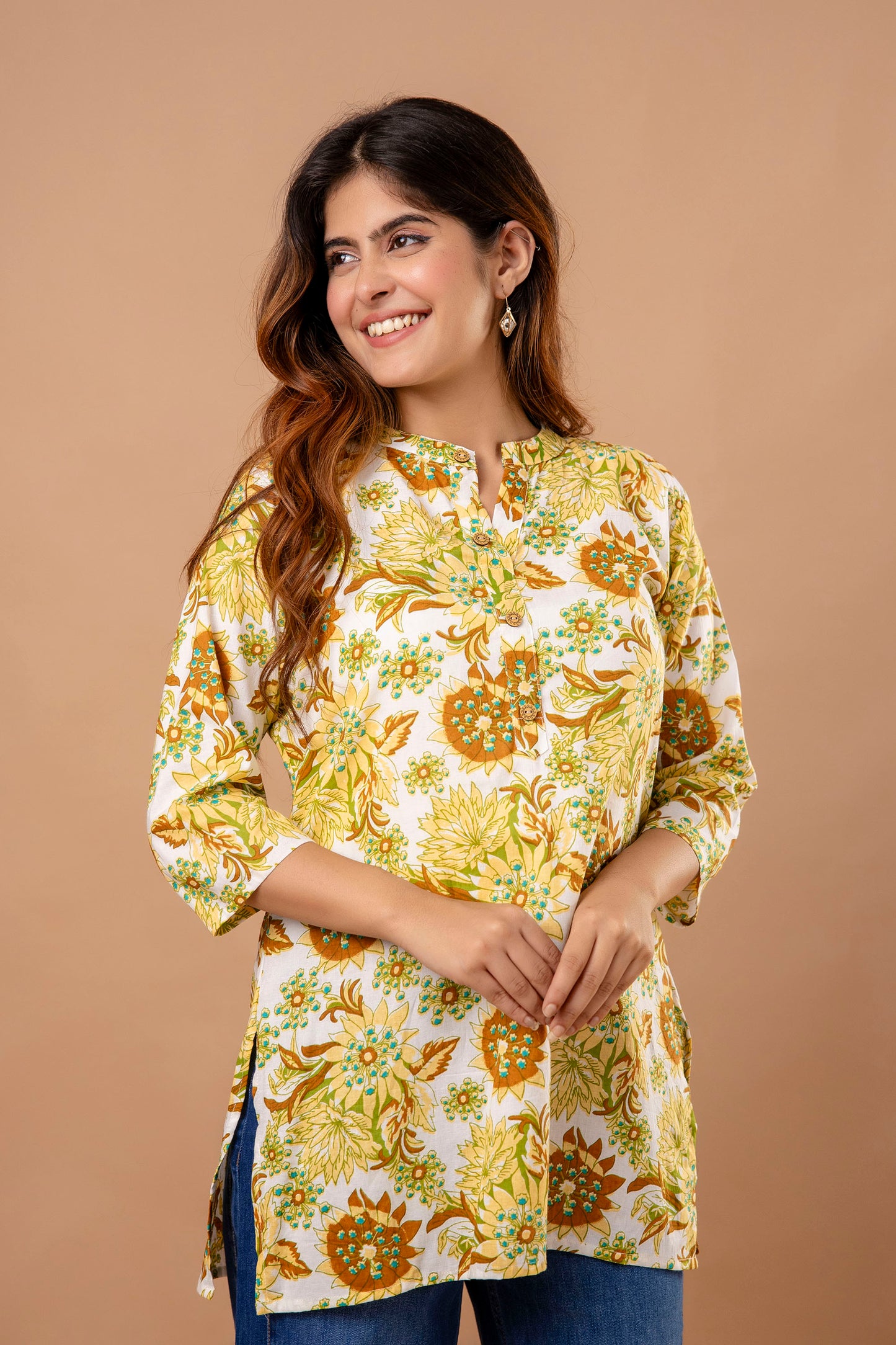 Mustard Yellow Floral Printed Cotton Kurti – Perfect for Summer