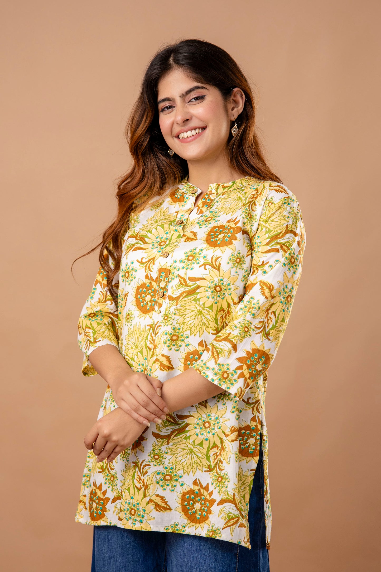 Mustard Yellow Floral Printed Cotton Kurti – Perfect for Summer